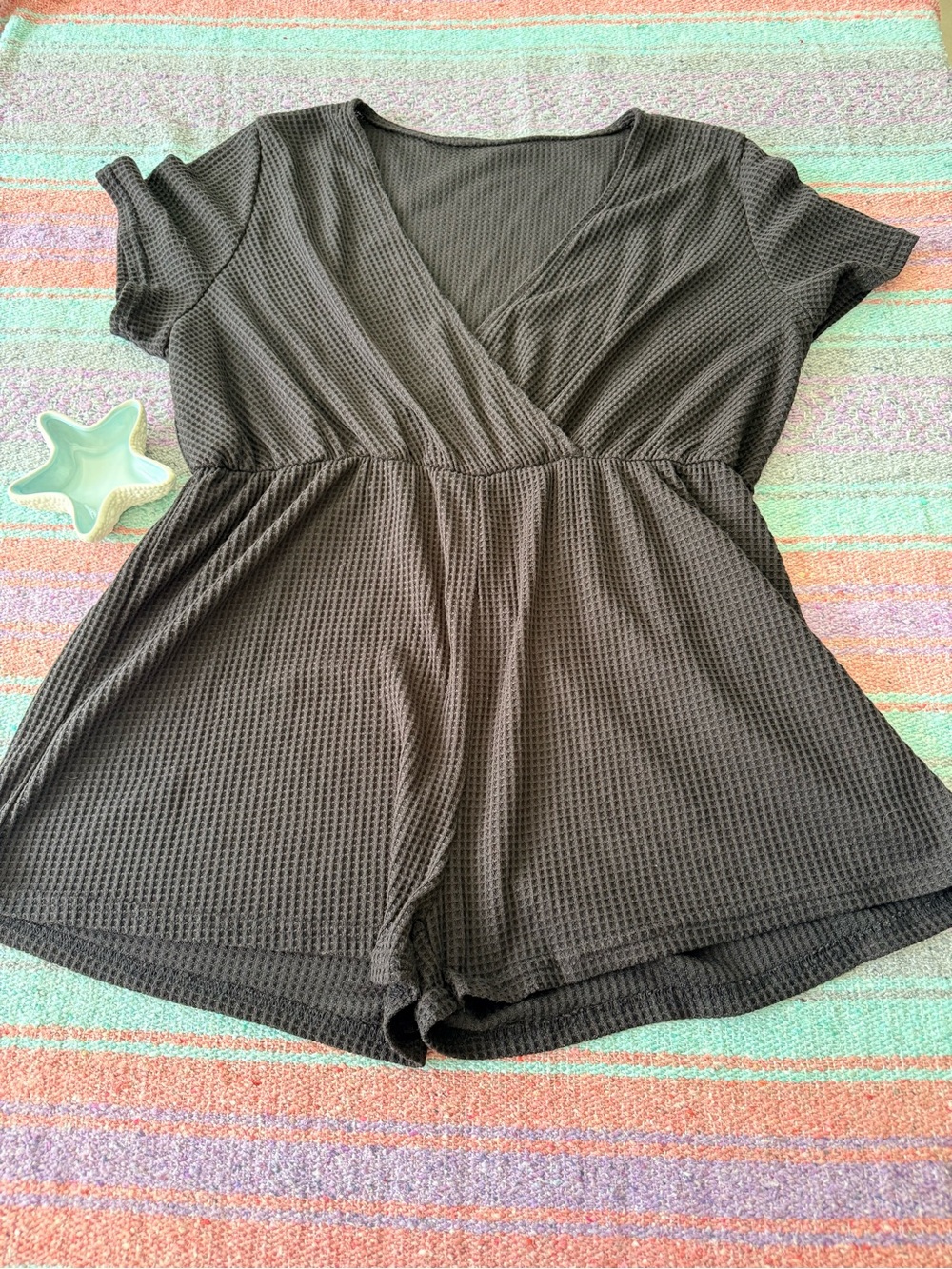 SHEIN Curve 4XL Black Waffle Knit Romper Plus Size Lounge Short Sleeve